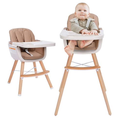 Mallify 3-in-1 Convertible Wooden High Chair, High Chairs for Babies and Toddlers, Baby High Chair with Adjustable Legs & Dishwasher Safe Tray, Made of Sleek Hardwood & Premium Leatherette, Brown