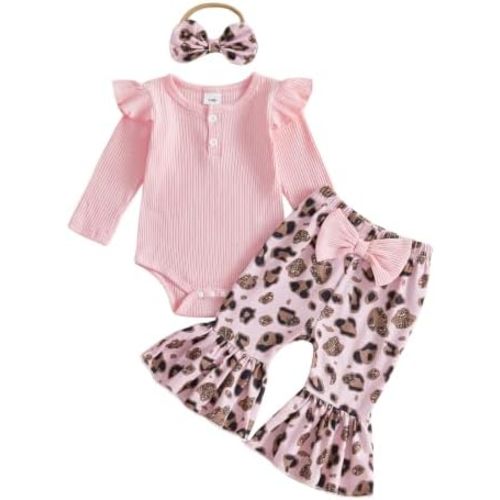 fhutpw Newborn Baby Girl Clothes Rib Frill Romper Leopard Flared Pants Set