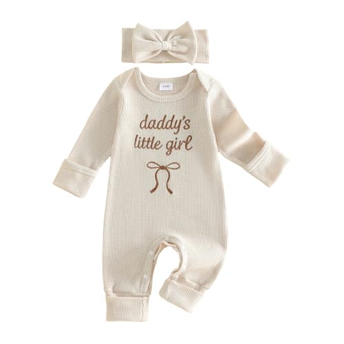 allshope Infant Baby Girl Fall Outfit Sweatshirt Romper Daddy Little Girl Embroidery Jumpsuit Bodysuit Newborn Waffle Clothes