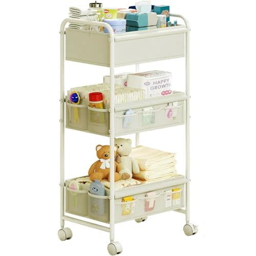 3-Tier Baby Diaper Caddy Cart Organizer,Mobile Nursery Storage Cart with Wheels,With 2 Dividers & 14 Mesh Pockets Durable Metal Utility Cart for Nursery, Bedroom, Bathroom Essentials Organization