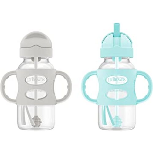 Dr. Brown's Milestones Wide-Neck Sippy Straw Bottle with 100% Silicone Handles and Weighted Straw, 9 oz/270 mL, Gray & Green, 6m+
