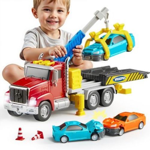 Joyfy Kids Tow Truck Toy with Lights & Sounds, Multi-Functional Crane & 2 Transform Cars, Easter Christmas Birthday Gifts for Boys 3-7 Years Old