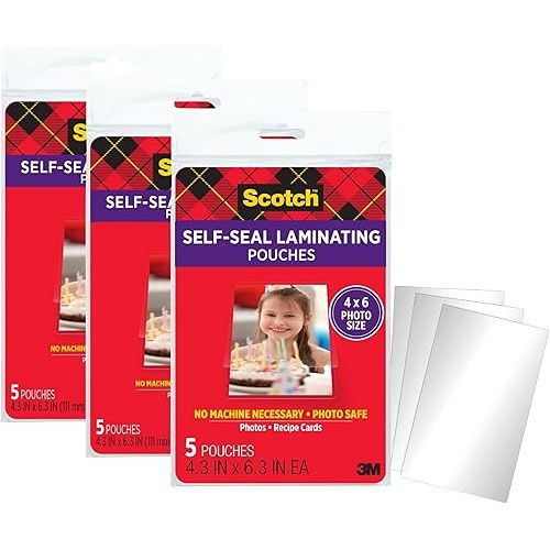 Scotch Self-Sealing Laminating Pouches, 4 x 6 Inches, 15 Pouches (3 Packs of 5) – Gloss Finish, Photo Safe, No Machine Needed (Cold Laminating Sheets)