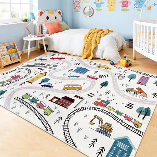 Kids Carpet Play Mat 4x6Ft Cute Car Rug for Boys Girls Town Throw Rug for Playroom Road Map Educational Area Rug for Kids Bedroom Classroom, Indoor Outdoor Decor, White