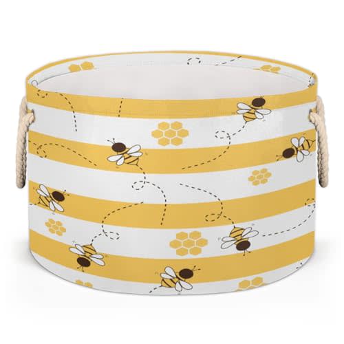 Animal Cute Bee Large Storage Basket Honeycomb Bee Round Laundry Basket with Handle Organization Collapsible Storage Bins Box Hamper for Kids Toy Clothes Nursery Bedroom Living Room Decor