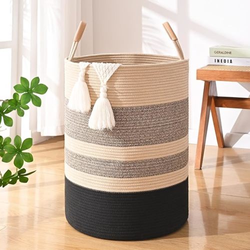 60L Striped Laundry Basket, Brown & Black Laundry Hamper with Leather Handles, Woven Cotton Rope Storage Bin for Blankets, Nursery Hamper for Clothes, Toys In Bathroom, Livingroom, Bedroom
