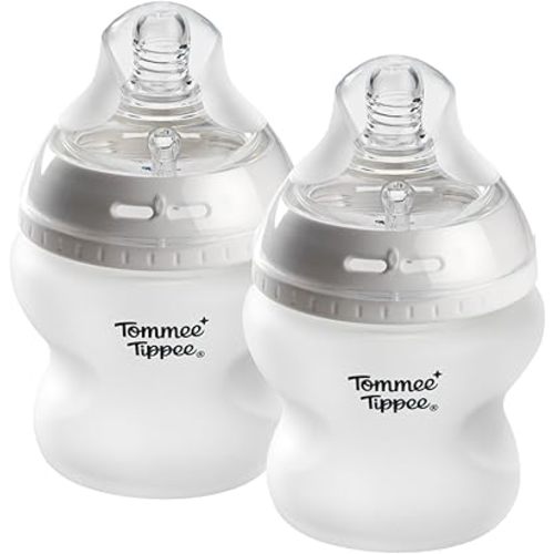 Tommee Tippee Silicone Coated Glass Baby Bottles for Feeding, 5 0z, Anti-Colic, 0+ Months, Slow Flow Breast-Like Nipple, Shatter-Proof Glass, BPA Free, Pack of 2