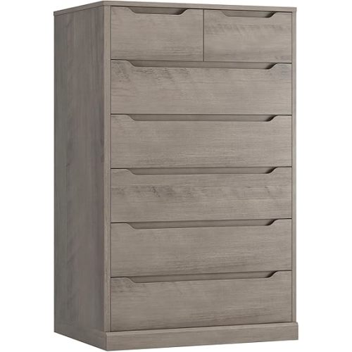 HITHOS 51" Tall 7 Drawers Dresser, Modern Grey Dresser, Wood Dressers & Chests of Drawers with Cut-Out Handles, Upright Drawer Chest, Accent Vertical Dressers Storage Cabinet for Living Room, Ash Gray