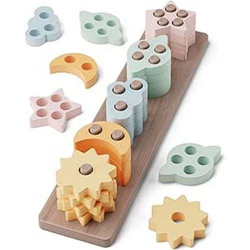 GOPO TOYS Montessori Toys for 18+ Months Old - Toddlers Wooden Sorting and Stacking Toys for Baby Boys and Girls - Shape Sorter and Color Stacker Preschool Kids Wood Gifts - Style B