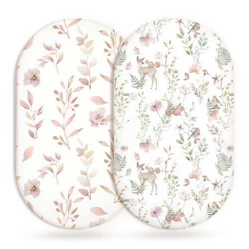Bassinet Sheets for Baby Girls Boys 2 Pack, Fitted Baby Mattress Sheet for Rectangle, Oval, Hourglass Bassinet Mattress, Breathable Cozy & Universal Fit (Floral Fawn)