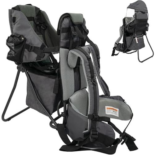 Baby Carrier Backpack with Foldable Frame, Toddler Hiking Backpack with Adjustable Comfort Seat, Sun & Rain Canopy, Ergonomic Straps, Supportive Waist Belt, Large Storage Capacity for Outdoor