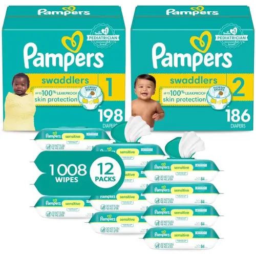 Pampers Baby Diapers and Wipes Starter Kit - Swaddlers Disposable Diapers Sizes 1 (198 Count) & 2 (186 Count) With Sensitive Water Based Wipes 12 Flip-Top Packs (1008 Total)