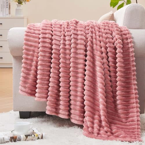 BEDELITE Fleece Blanket Twin Size – 3D Ribbed Jacquard Soft and Warm Decorative Fuzzy Blankets – Cozy, Fluffy, Plush Lightweight Throw Blankets for Couch, Bed, Sofa(Pink, 60x80 inches)