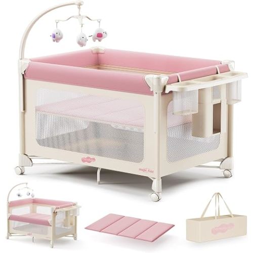 Pamo Babe 5 in 1 Pack and Play - One-Step Setup Bedside Crib, Portable Playard with Mattress, Storage Bag