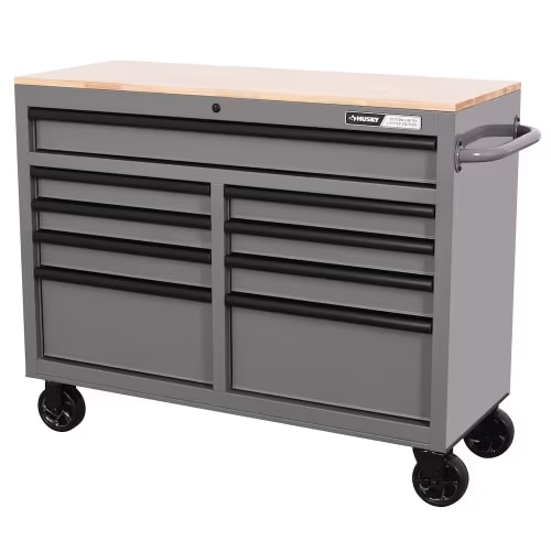 Husky Standard-Duty 46 inch W 9-Drawer Mobile Workbench with Solid Wood Top in Gloss Gray | The Home Depot Canada