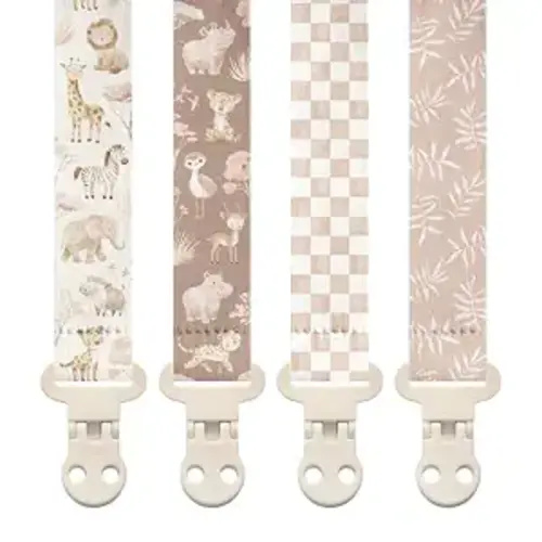 Stadela Baby Fabric Pacifier Clip Holder, Plastic Clip, 4‑Pack, Safari Pattern, Savanna Set
