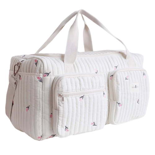 Floral Quilted Duffle Bag for Women - Large Cotton Travel Duffel Weekend Bag with Adjustable Carry Strap, Cute Diaper Bag Alternative for Maternity Hospital Use