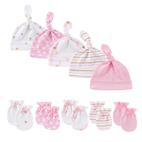 Newborn Baby Cotton 5-Pieces Mittens and 5-Pieces Caps Sets