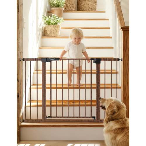 Expandable Pressure Mounted Baby Gate Stairs (29-54.6'') | Brown Wood Pattern