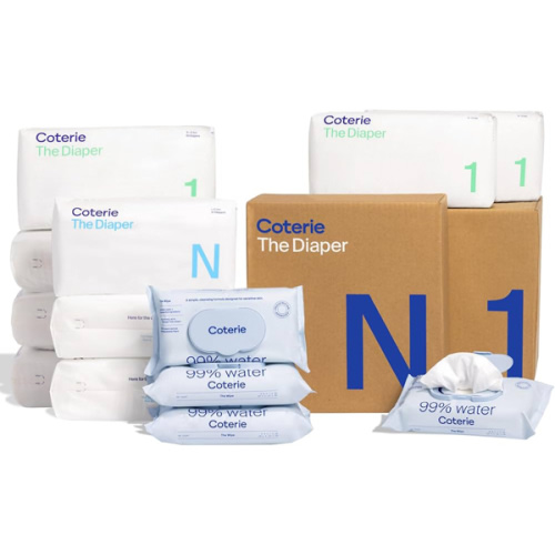 Coterie Baby Wipes + Diapers Kit, Size 1 (198 Count) & Size Newborn Diapers (93 Count), 4 Pack (224) Wipes with 99% Water, Plant Based Materials, Hypoallergenic for Sensitive Skin, Baby Essentials