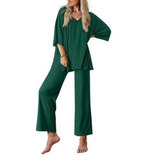 Ekouaer Lounge Sets for Women Pajamas Set Short Sleeve Tops and Long Pants Soft 2 Piece Outfits with Pockets Lake Green XL