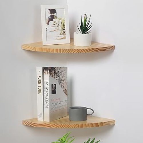 Waterproof Natural Wood Corner Wall Shelves Set of 2, Rustic Wood Corner Floating Shelves with Cable Raceway for Bathroom Kitchen Study Bedroom (12 Inch, Fan-Shaped)