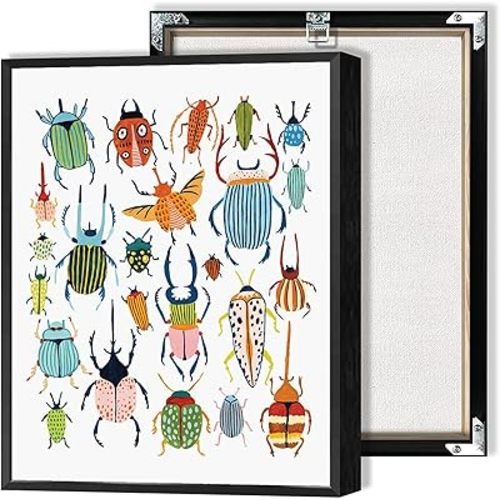 Colorful Beetle Insect Wall Art Trendy Beetle Chart Canvas Posters Bugs Animal Minimalist Prints Painting For Kids Room Woodland Nursery Bedroom Dorm Dorm Wall Decor 12x16in Unframed