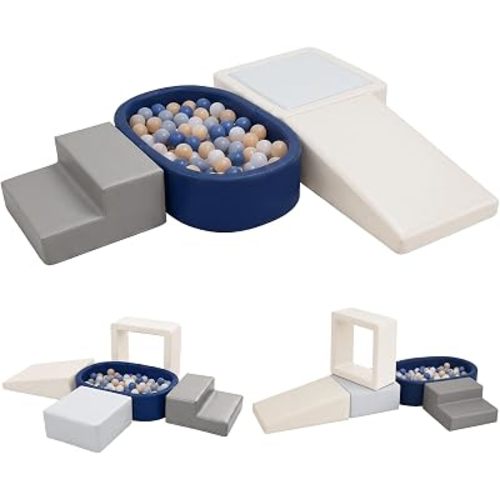 JungleDove Soft Foam Climbing Blocks Set for Toddlers – 5-Piece Oval Ball Pit & Play Structure with Navy Blue Leather, Indoor Soft Play Gym, Montessori Activity Toys for Kids (78.7"×29.9"×27.9")