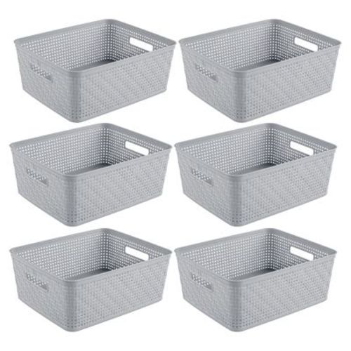 Sterilite 6-Pack Short Basket, Woven Plastic Storage Baskets for Organization, Cement - Organizing Bin Containers with Handles for Bedroom, Bathroom,