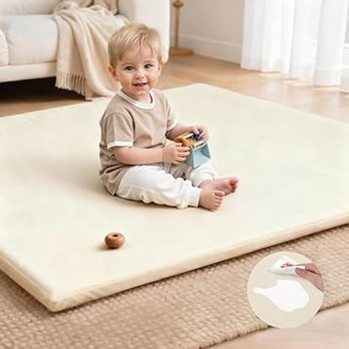 Baby Play Mat for Floor,50x50 Playpen Mat,Non-Slip Leather&Thick Foam Floor Cushion,Removable Waterproof Cover,Easy Care for Baby Crawling,Toddler,Kids,Tummy Time（Beige)