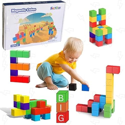 Extra Large Magnetic Blocks 35 Pieces 1.57 inch 4cm Size Perfect for Kids Preschool Kindergarden Elementary Building Cubes Sensory Montessori Construction Toddlers Boys Girls Educational Sensory
