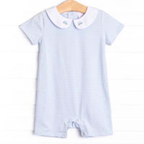 On the Way Home Embroidered Short Romper, Blue – Stitchy Fish