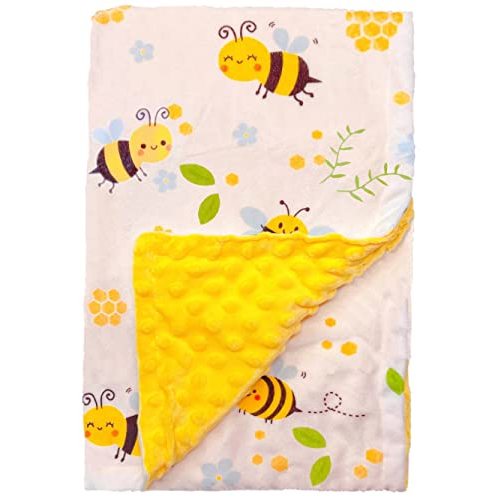 Bee Minky Blanket - Soft Double Layer Plush, Toddler to Newborn, Dotted Backing, Shower Gifts (30 X 40 inches)