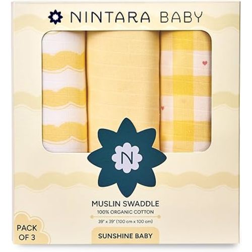 Swaddle - 100% Organic Premium Muslin Cotton, 39" x 39", Ultra-Soft, Breathable & Lightweight, Multipurpose, Unisex, Hypoallergenic, Gifts for Newborn Babies, Pack of 3
