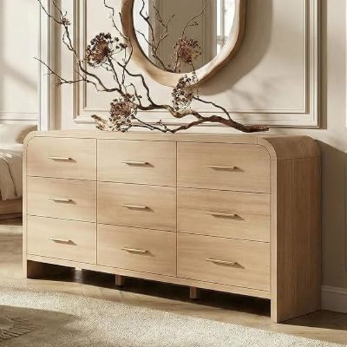 Curved 9-Drawer Dresser for Bedroom, 63" Wide Modern Chest of Drawers, Vanity Desk TV Stand for Living Room, Closet Storage Drawers Organizer Furniture, Nursery, Hallway, Gray Oak