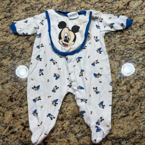 Vintage Disney Babies Mickey Mouse Footed Sleeper Snap Bib 0-3 Months White Blue