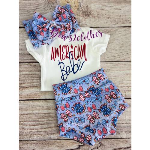 4th of July Baby Outfit: Bodysuit, Bummies & Headwrap Bow Set