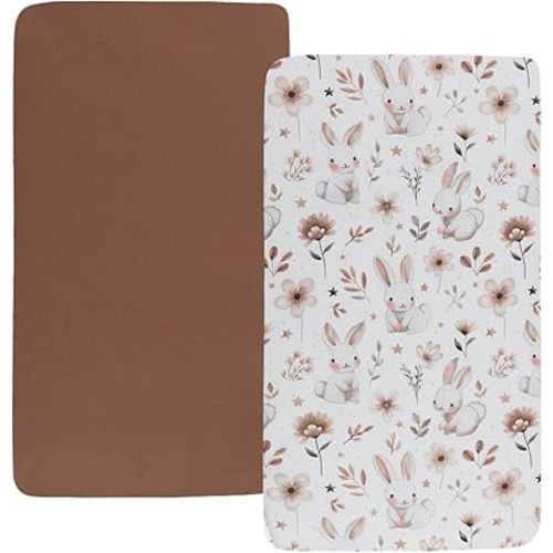 Pack n Play Sheet Stretchy Fitted Portable Mini Crib Sheets Set 2 Pack,Playard Sheets Convertible Playard Mattress Cover,Ultra Soft Jersey Material, Brown & Rabbit