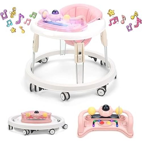 Baby Walker with Wheels,Music and Lights Baby Walker for Boys Girls 6-12 Months,Foldable Baby Walkers and Activity Center,Toddler Infant Walker with 7-Speed Height Adjustment,Detachable Plate,Pink