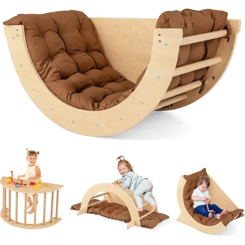 HONEY JOY Wooden Arch Climber with Cushion, Montessori Arch Table for Kids, Baby Rocker Ladder Play Gym Playground, Toddler Climbing Toys Indoor, Learning Gift for Kids Aged 1+ (Coffee)