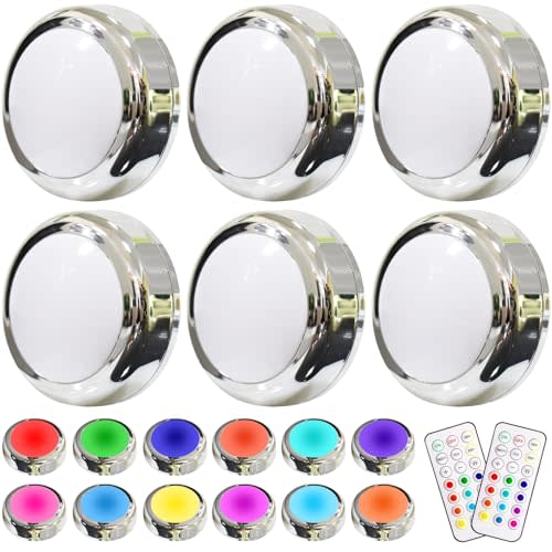 HELPLEX LED Puck Lights with Remote, 6 Pack Color Changing RGBW Stick-On Light, Battery Powered, Dimmable Under Cabinet Lighting with Timer & Memory, Wireless Push Lights for Kitchen & Closet, Silver