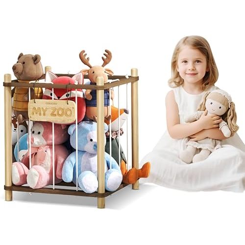 Stuffed Animal Storage, Two-Tone Wood Toy Storage, Space Save Zoo Toy Organizer, Large Capacity Stuffed Animal Holder for Toddler, WJJ-DC (Small)