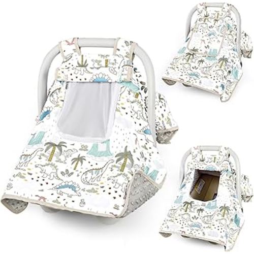 SWESEN Car Seat Cover Baby, Winter Carseat Covers Baby Boy, Infant Car Seat Canopy with Breathable Mesh Peep Window, Baby Stroller Cover for All Season, Dinosaurs