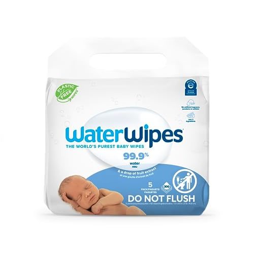 WaterWipes Plastic-Free Original Baby Wipes, 99.9% Water Based Wipes, Unscented & Hypoallergenic for Sensitive Skin, 300 Count (5 packs)