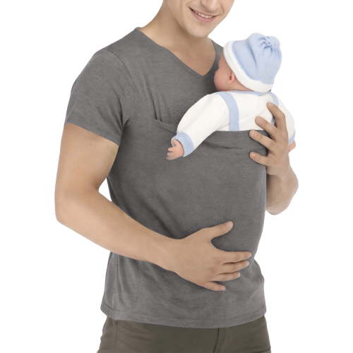 Mens Baby Carrier Shirt Short Sleeve Pocket Tee Shirts Soothe V Neck Short Sleeve Front Large Pocket T Shirt Gray XL