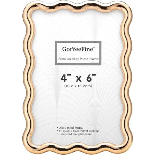 Gold 4 x 6'' High-End Zinc Alloy Picture Frame with Wave Design - Modern Glamour 6x4'' Pictures Frames for Desktop and Wall Décor