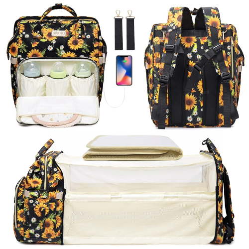 Baby Diaper Bag Backpack with Bed, Waterproof, Insulated Pocket, USB Port, Stroller Strap, Sunflower