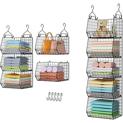 5 Tier Closet Hanging Organizer, Clothes Hanging Shelves with 4 Hanging Hooks 5 S Hooks, Wire Storage Basket Bins, for Clothing Sweaters Shoes Handbags Clutches Accessories Patent Design