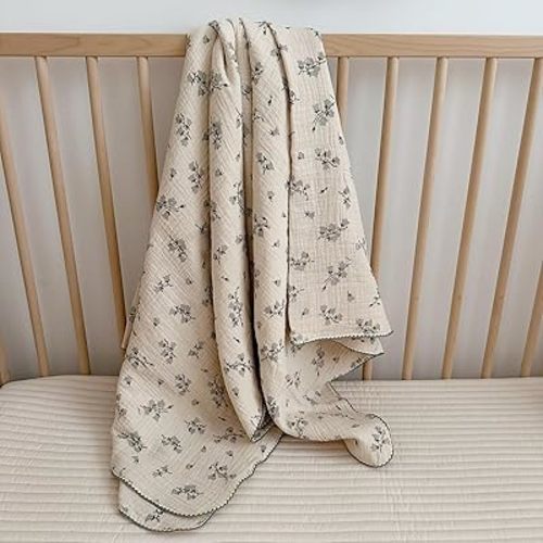 BuLuTu Large Muslin Toddler Blanket for Boys Girls Baby Bed Blankets Floral Print Swaddle Blankets Soft Breathable Toddler Crib Quilt, All Seasons,Hyacinth Pattern,47"x51"