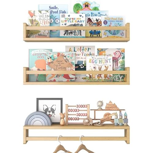 Floating Nursery Book Shelves for Wall, 15.7 Inch Nature Solid Wood Wall Mounted Bookshelf Set of 3, Hanging Bookshelves for Kids Room, Bedroom Nursery Decor and Book Storage (Wood)